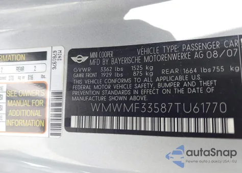 2007 Mini Cooper z USA, uszkodzony, nr VIN WMWMF33587TU61770